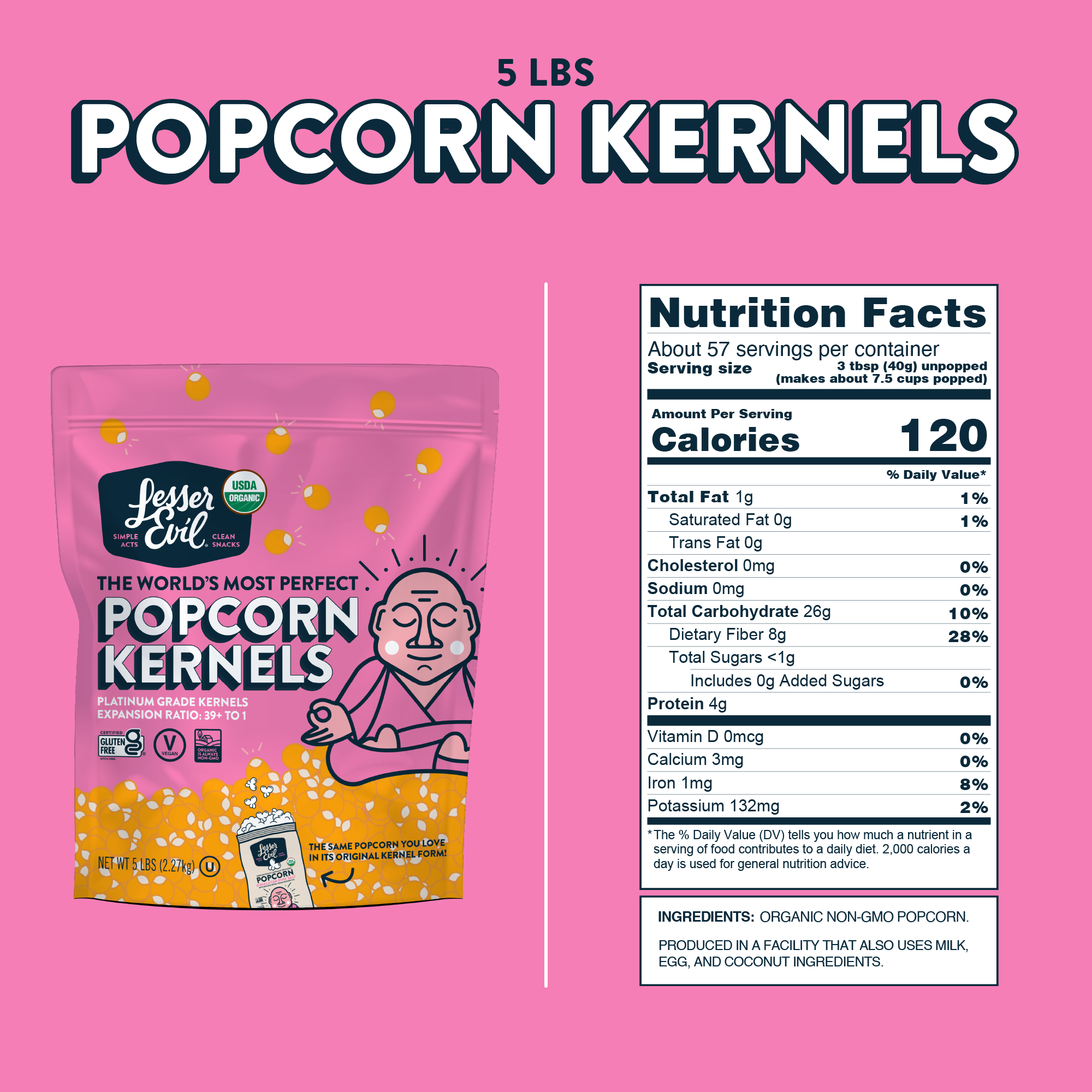 bag of organic popcorn kernels next to nutritional facts