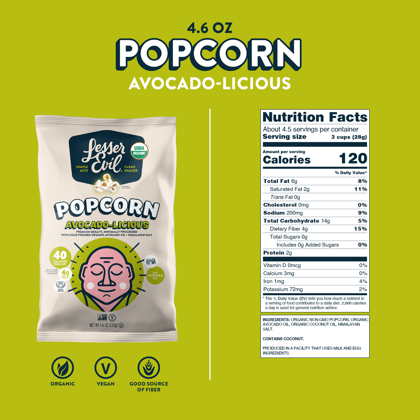 bag of avocado-licious organic popcorn next to nutritional facts