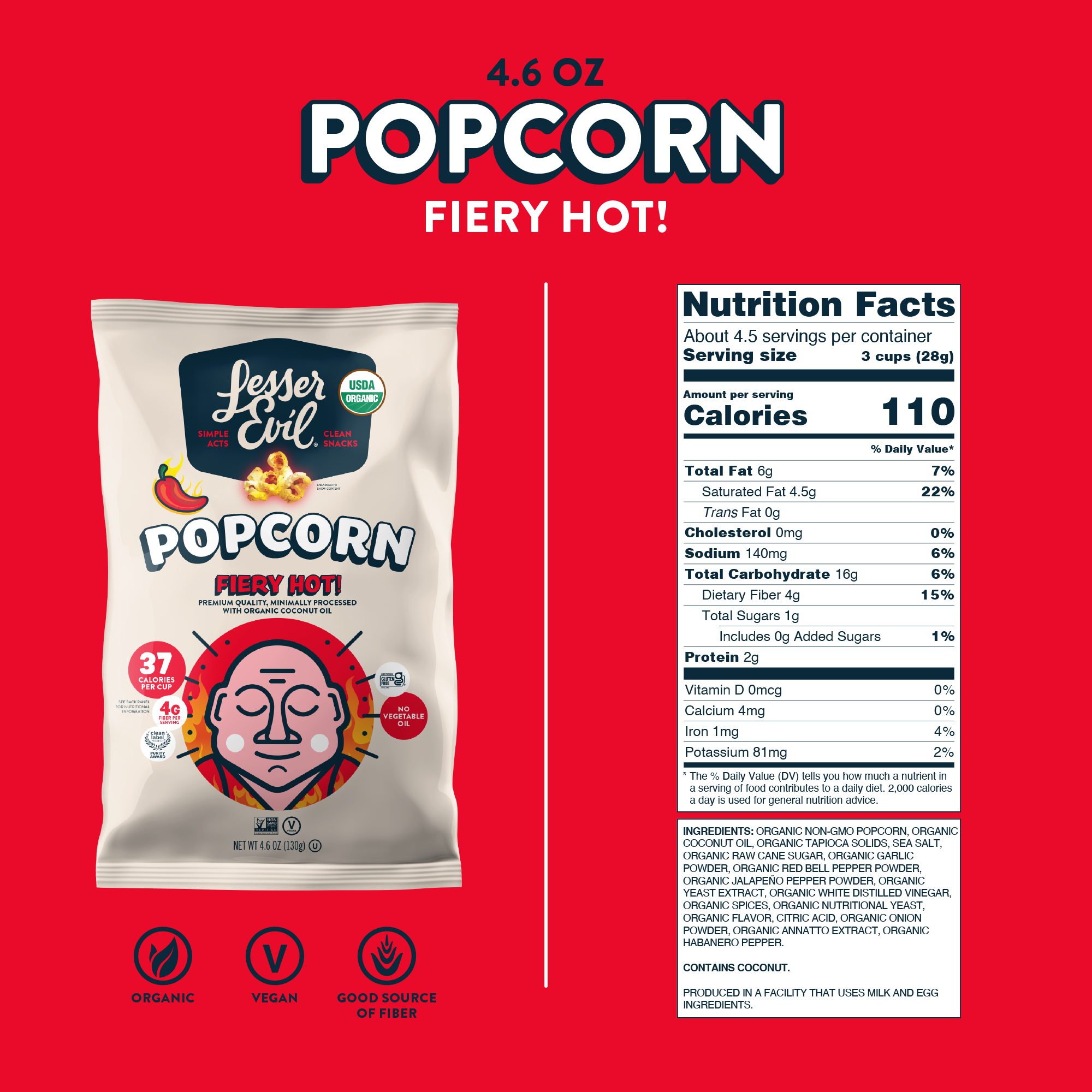 bag of fiery hot organic popcorn next to nutritional facts