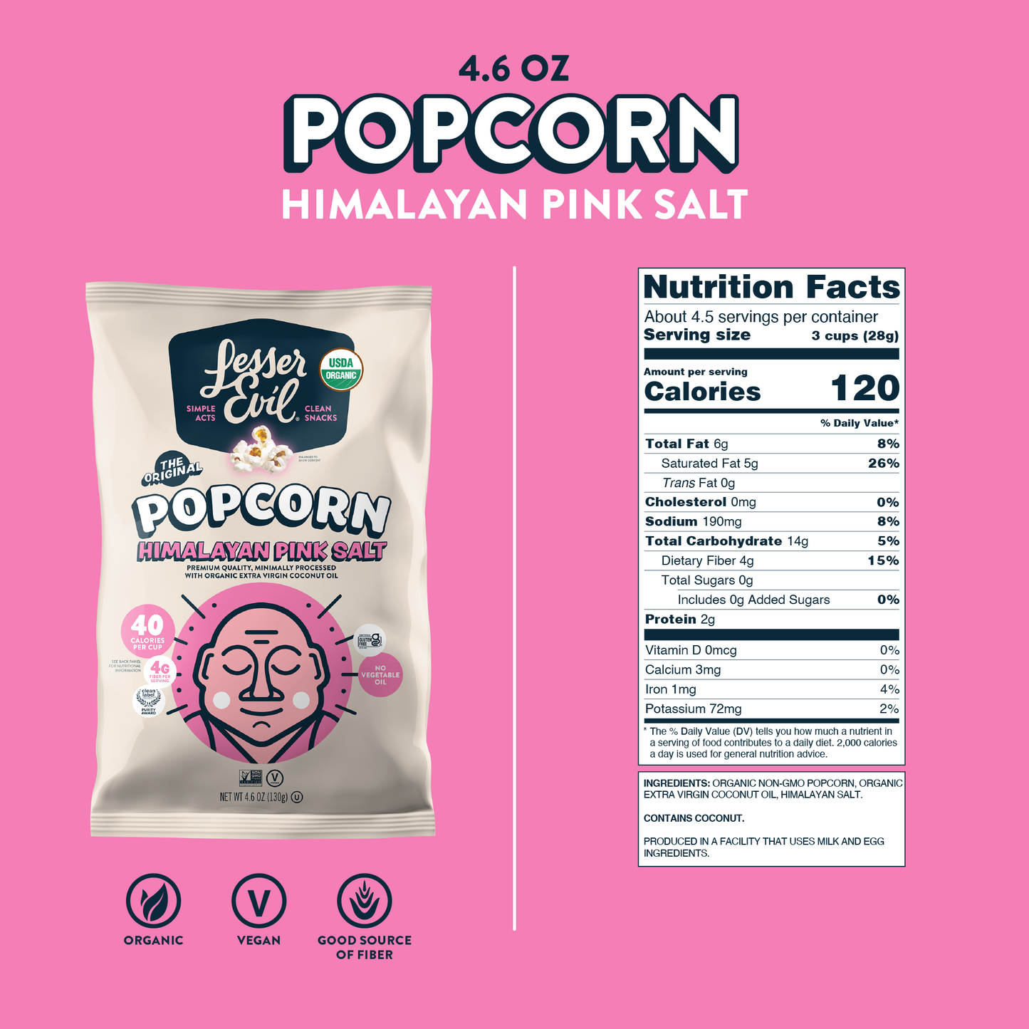 bag of pink salt organic popcorn next to nutritional facts