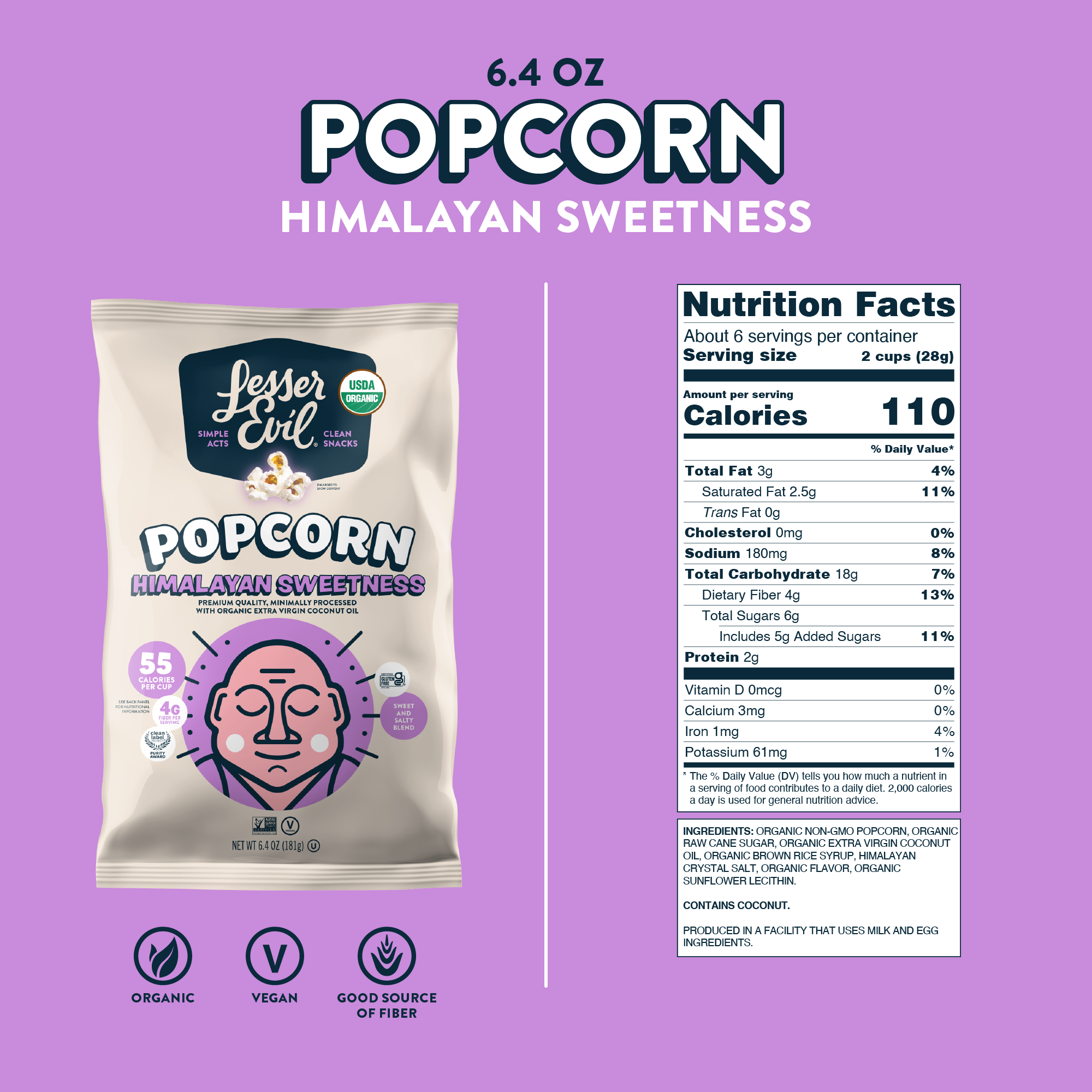 bag of himalayan sweetness gourmet popcorn next to nutritional facts