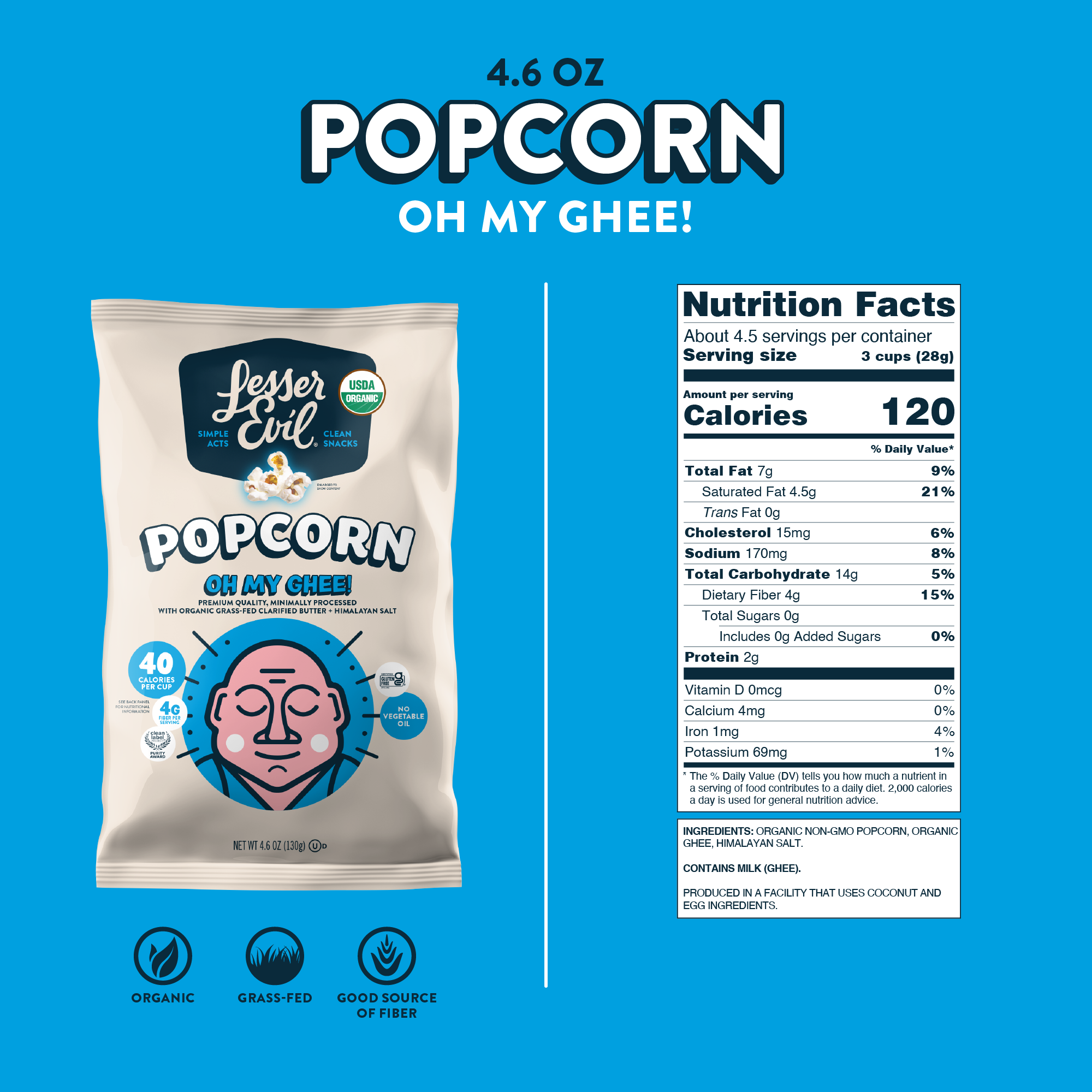 bag of ghee gourmet popcorn next to nutritional facts