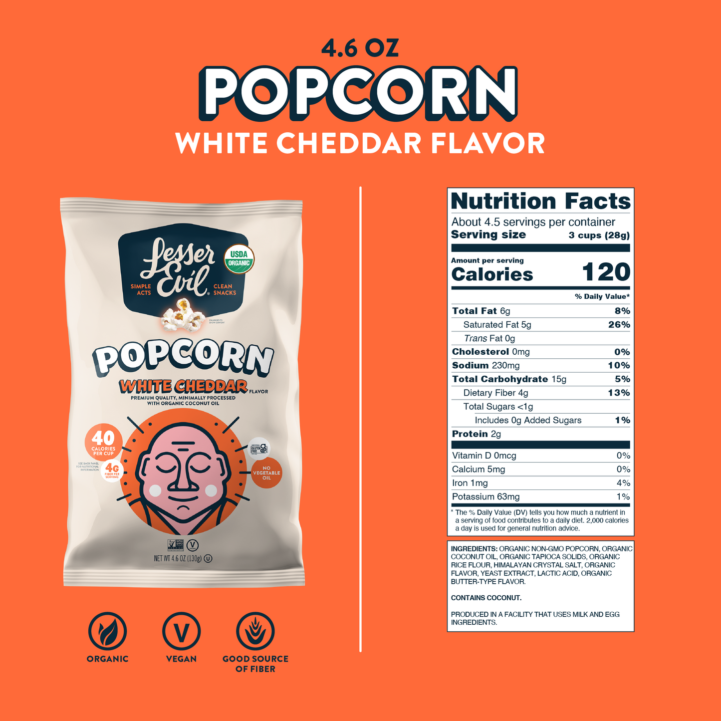 bag of organic white cheddar popcorn next to nutritional facts