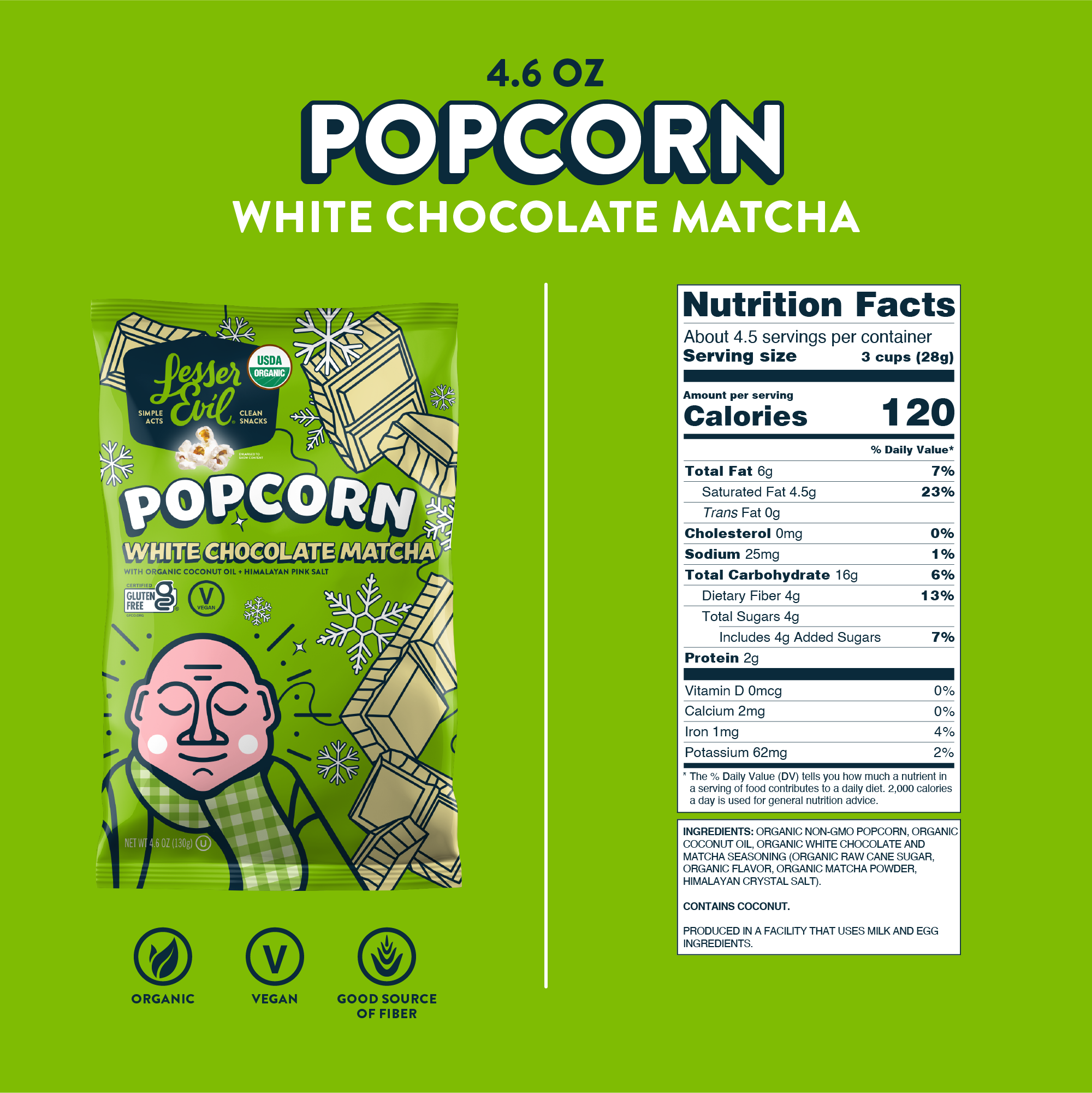 Nutrition facts for White Chocolate Matcha Popcorn