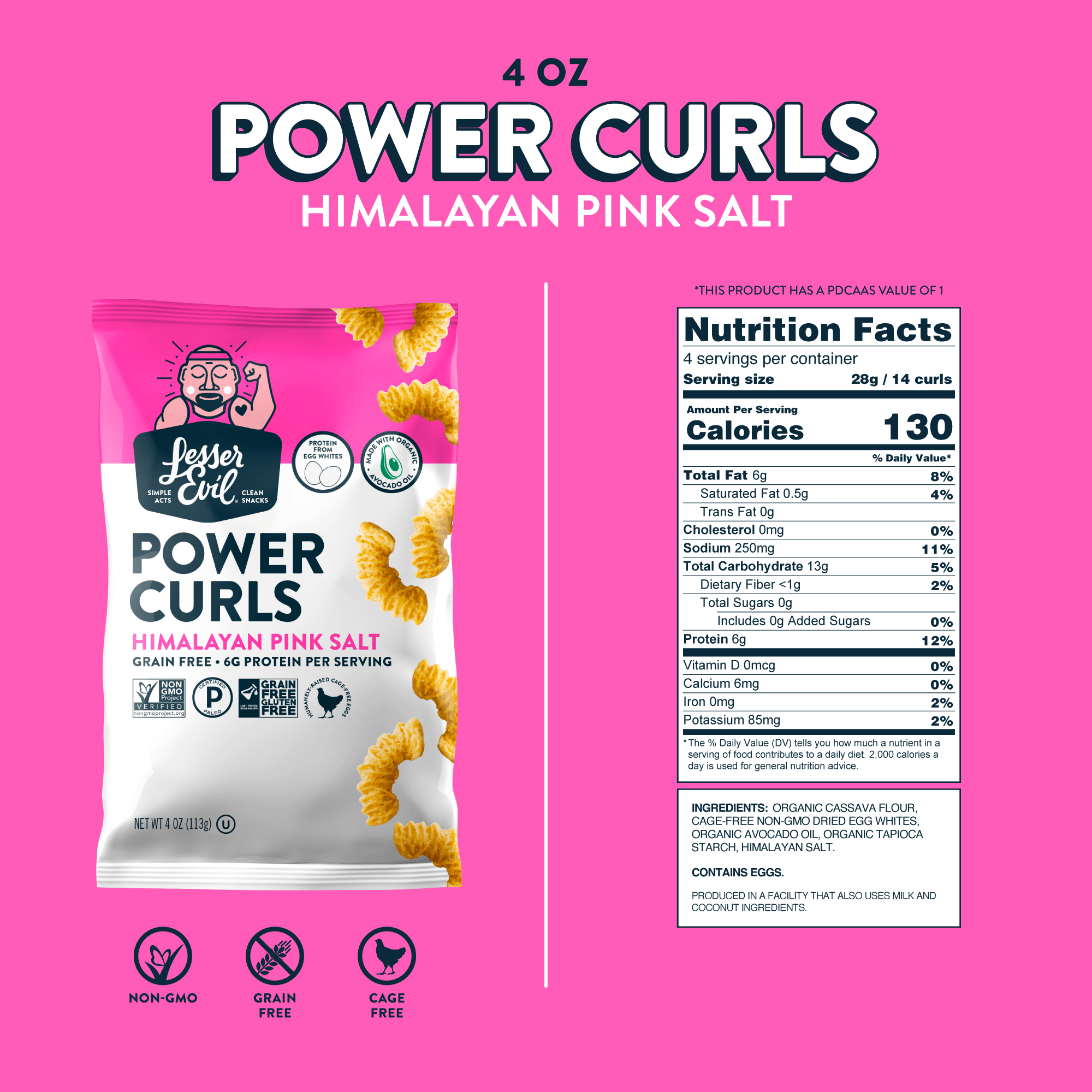 bag of pink salt power curls next to nutritional facts