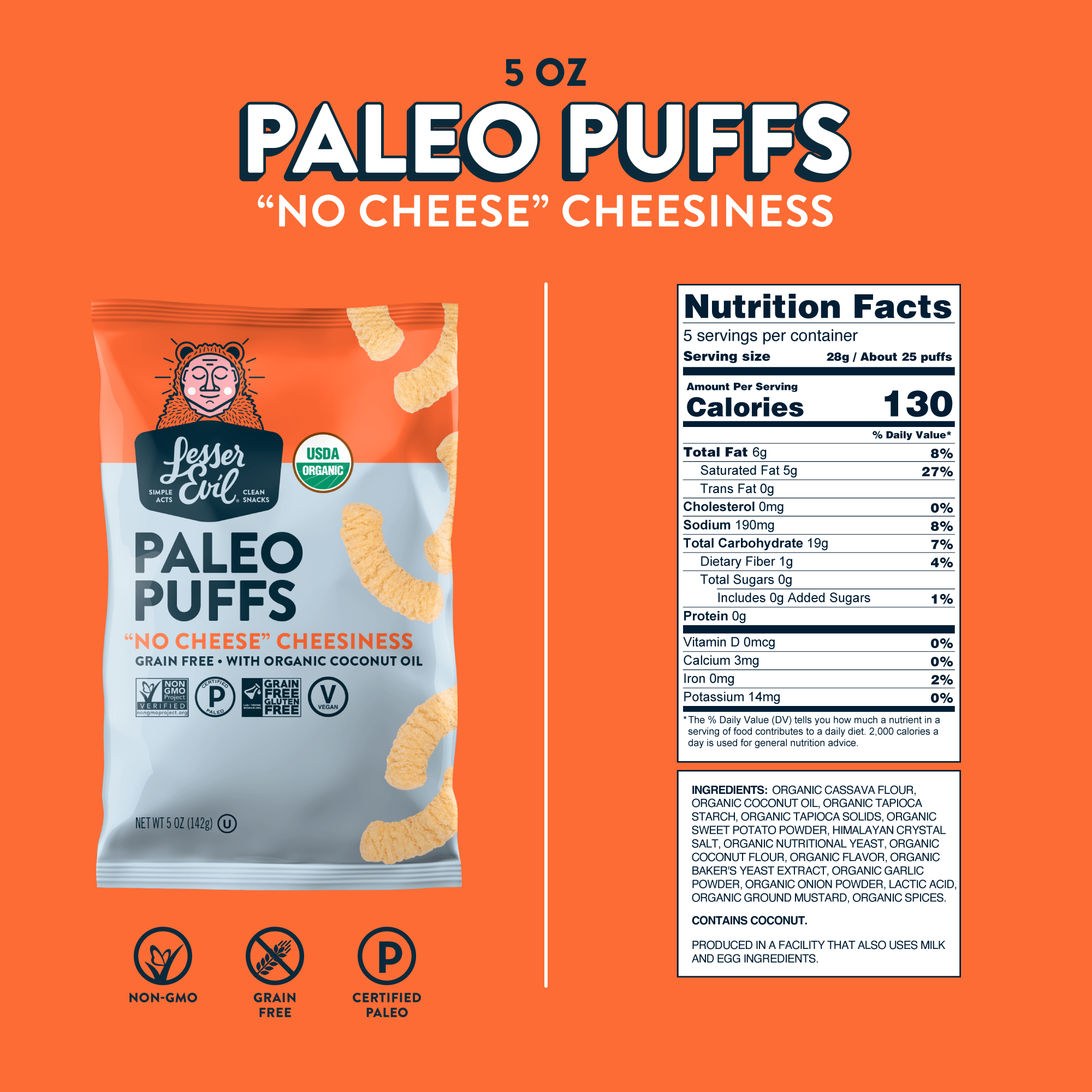 bag of vegan cheese paleo puffs next to nutritional facts